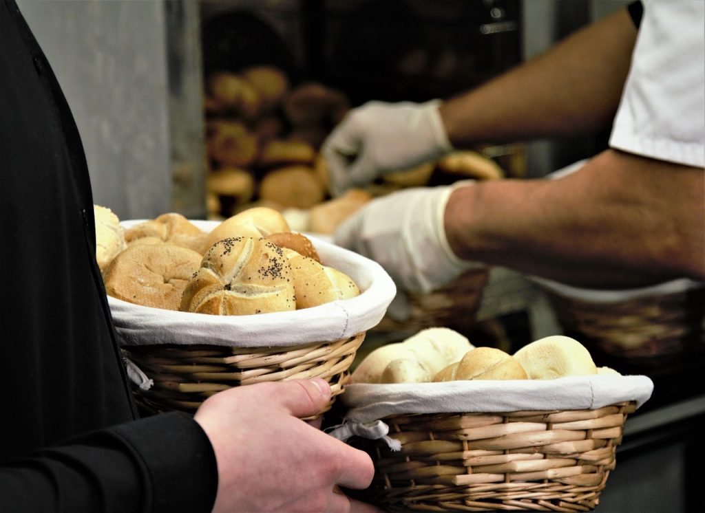 bread, pastry, bake, shop, basket, hand, gloves, baker, store, food, fillings, display, baker, baker, baker, baker, baker